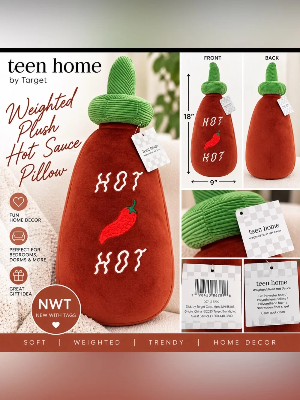 Teen Home Weighted Hot Sauce Plush Pillow NWT 🌶️🔥